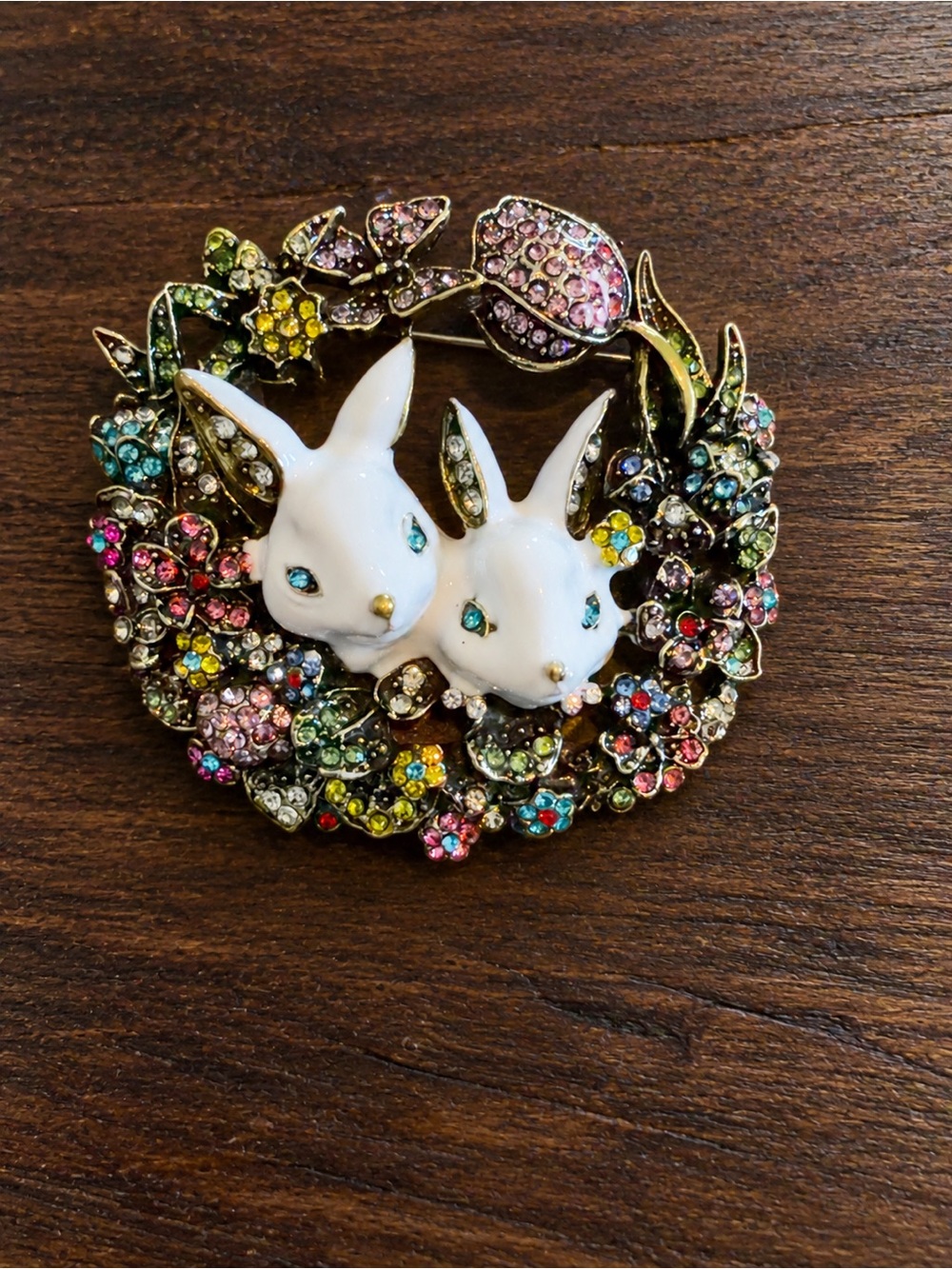 Jeweled Bunny Wreath Brooch – 2.5” x 2.5”